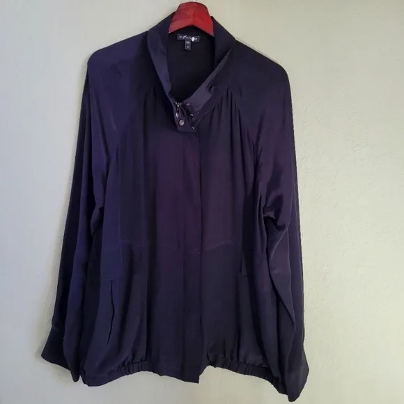 Eileen Fisher Silk Black Crepe De Chin Bomber Jacket Zip Snap Up Size XS
