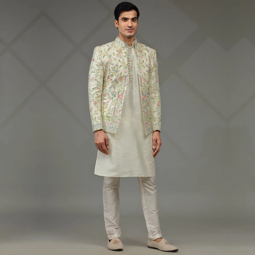 Elegance Blooming  Cream Floral Indowestern for Men