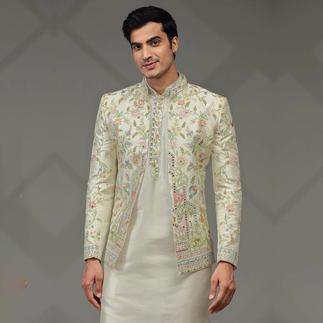 Elegance Blooming  Cream Floral Indowestern for Men
