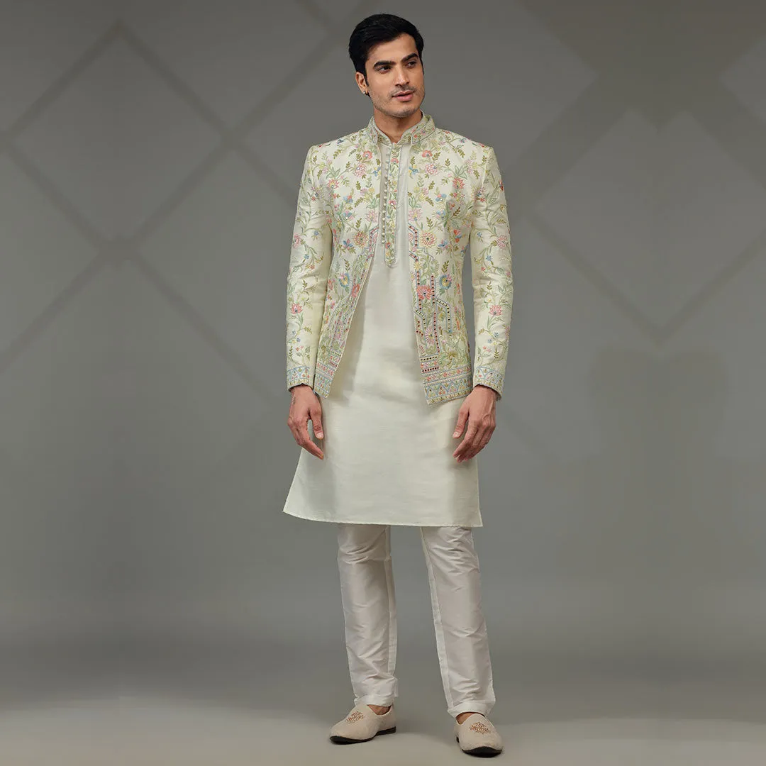 Elegance Blooming  Cream Floral Indowestern for Men