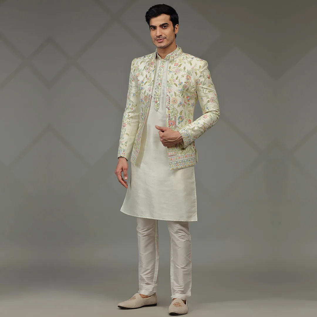 Elegance Blooming  Cream Floral Indowestern for Men