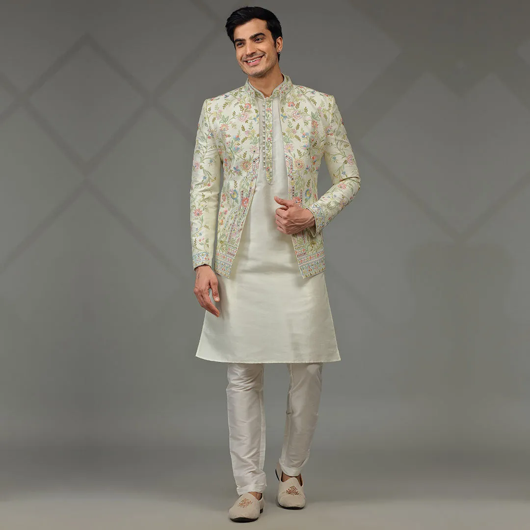 Elegance Blooming  Cream Floral Indowestern for Men