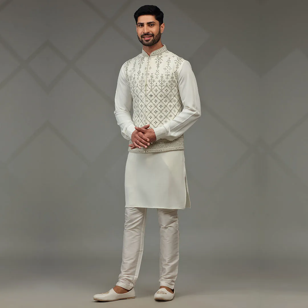 Elegance White Kurta with Printed Designer Jacket for Men