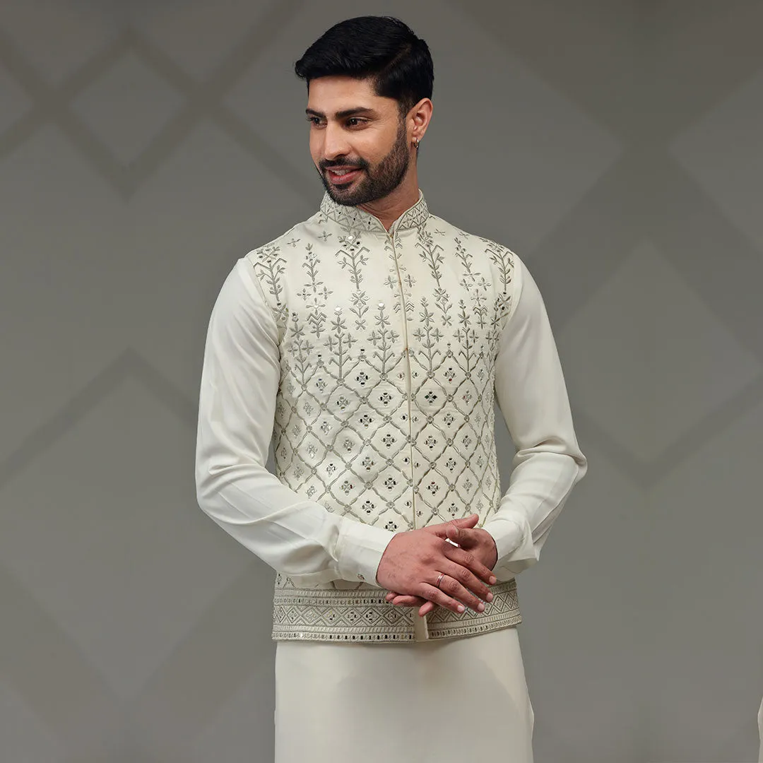 Elegance White Kurta with Printed Designer Jacket for Men