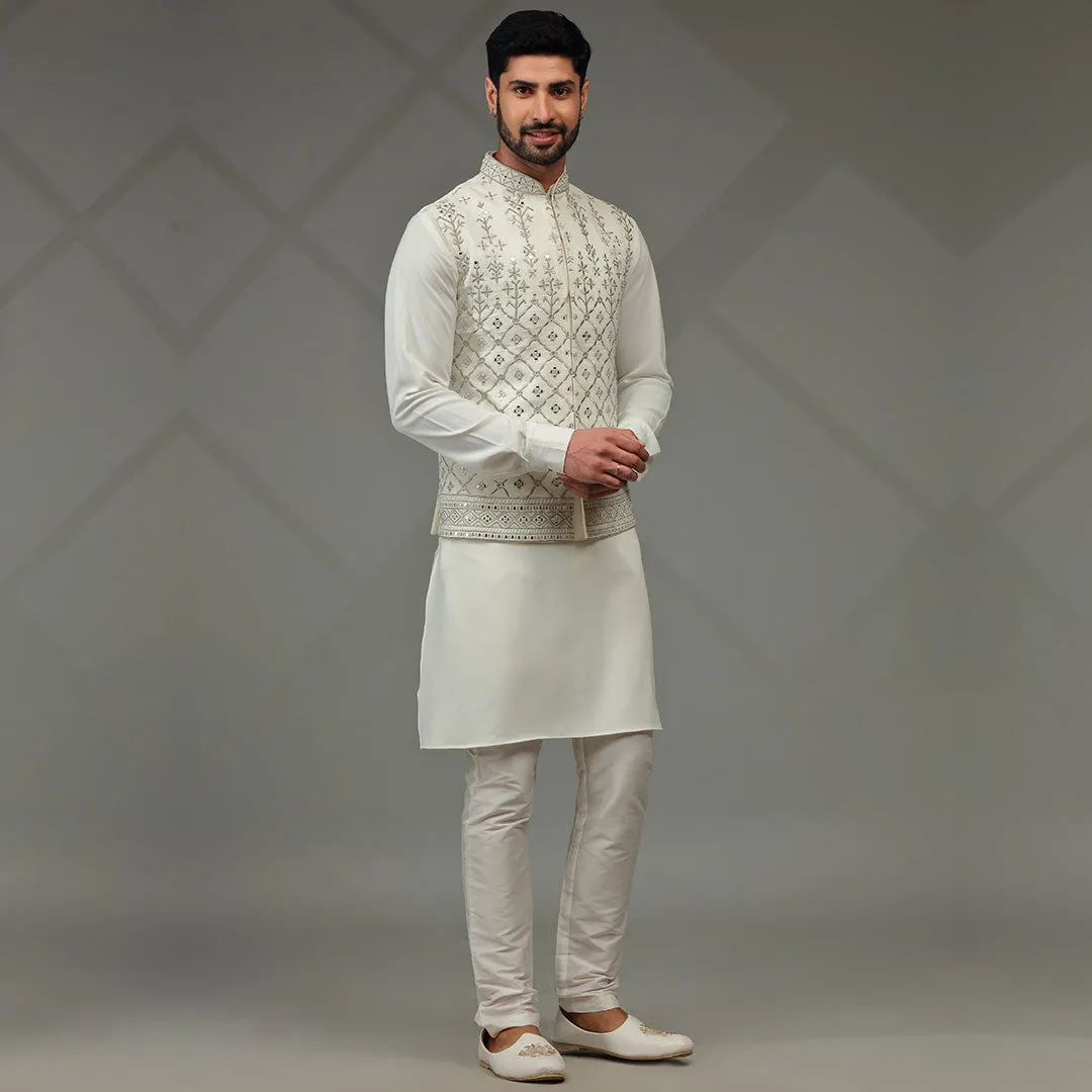 Elegance White Kurta with Printed Designer Jacket for Men