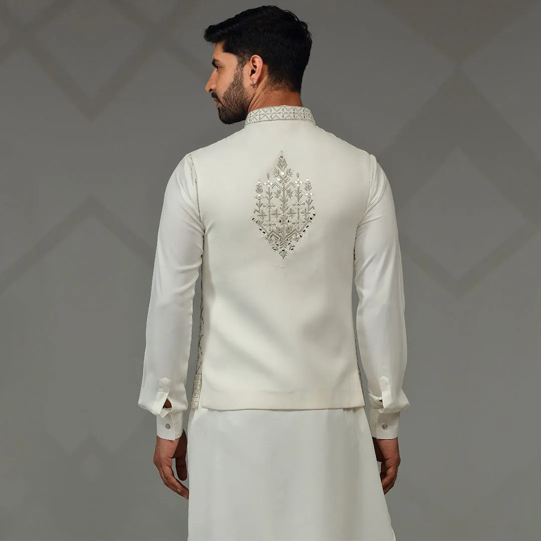 Elegance White Kurta with Printed Designer Jacket for Men