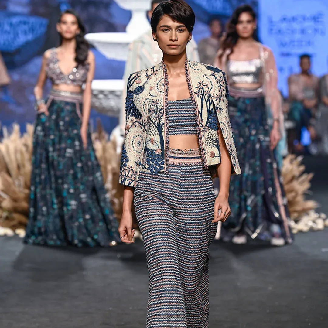 EMBROIDERED NOOR JACKET WITH SCALLOP BUSTIER AND SCALLOP PANTS