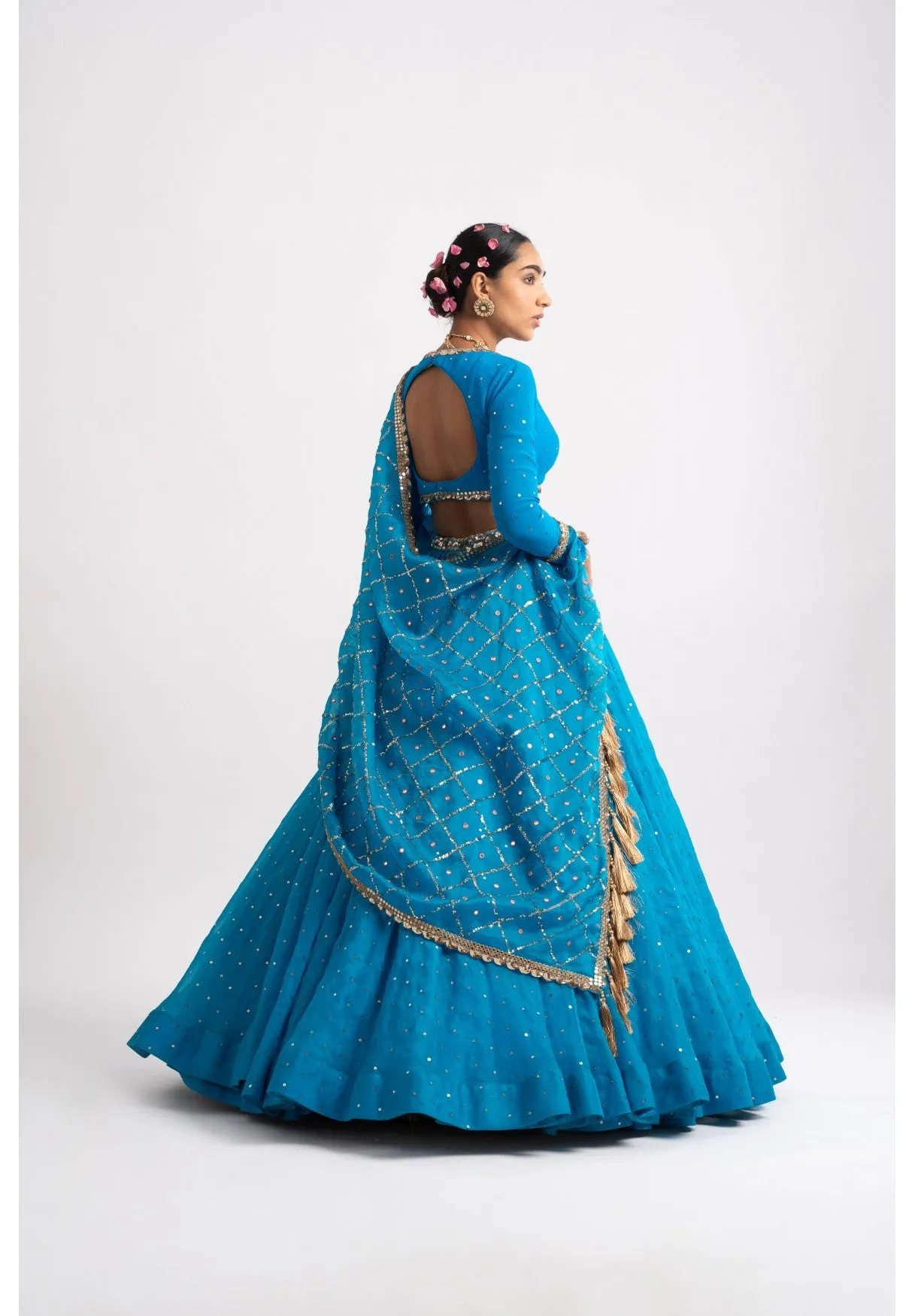 Firozi Silk Organza Heavy Dupatta Lehenga Set