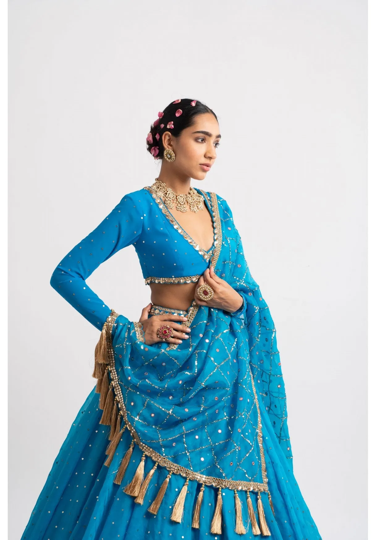 Firozi Silk Organza Heavy Dupatta Lehenga Set