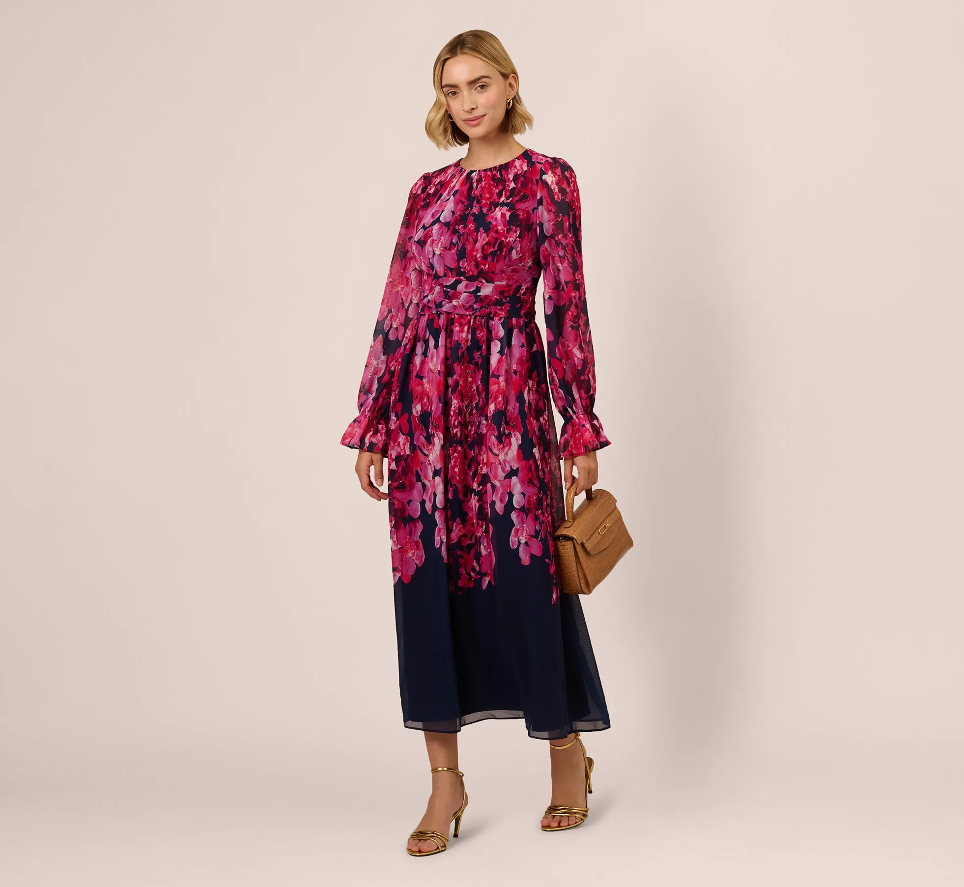 Floral Wrap Waist Ankle Dress In Navy Pink Multi