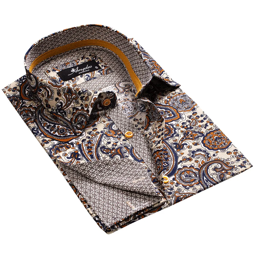 Fun Paisley on Tan Mens Slim Fit French Cuff Shirts with Cufflink Holes - Casual and Formal