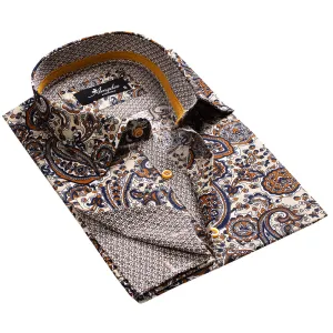 Fun Paisley on Tan Mens Slim Fit French Cuff Shirts with Cufflink Holes - Casual and Formal
