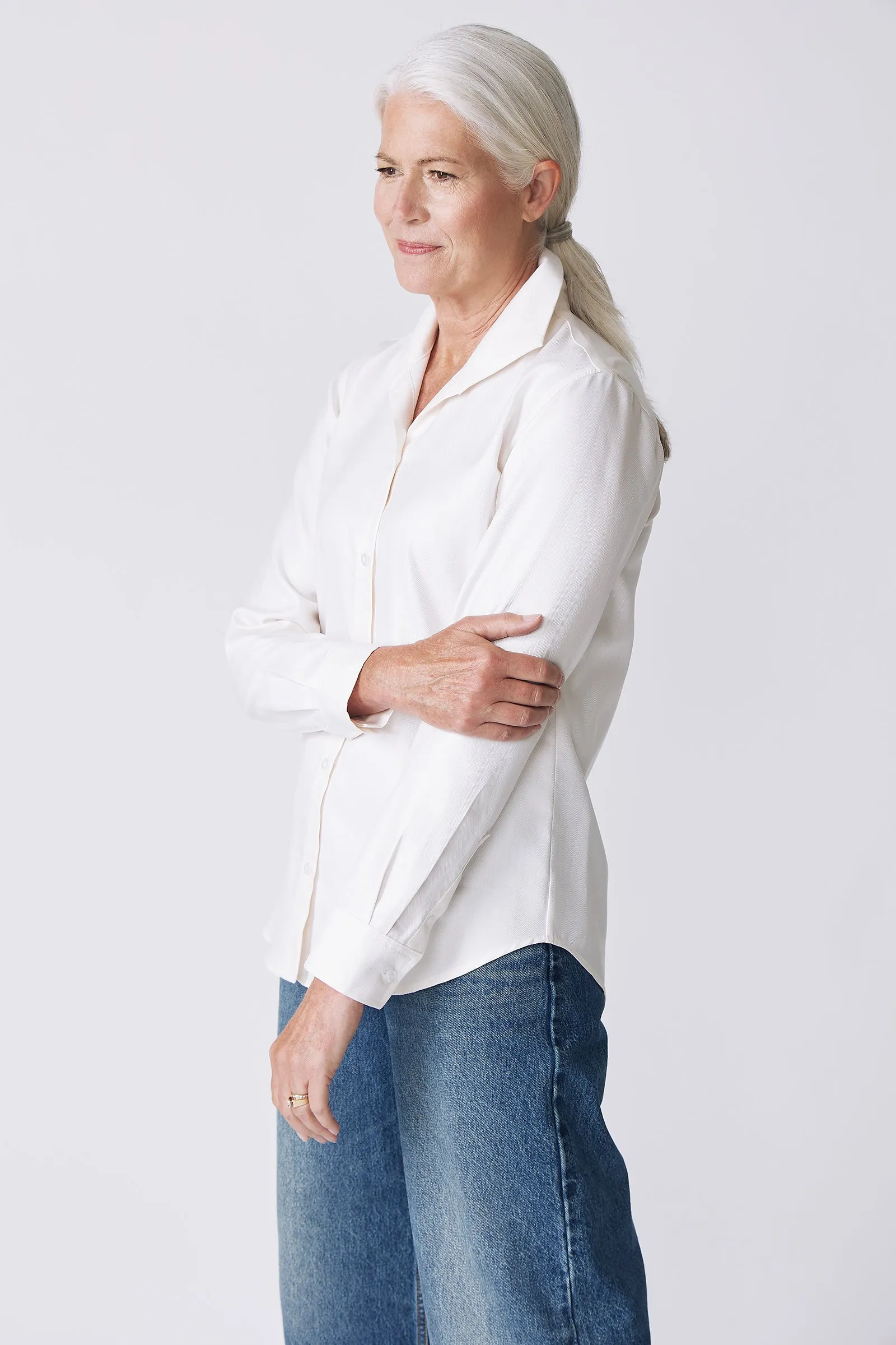 Ginna Box Pleat Shirt - Ivory Fine Herringbone