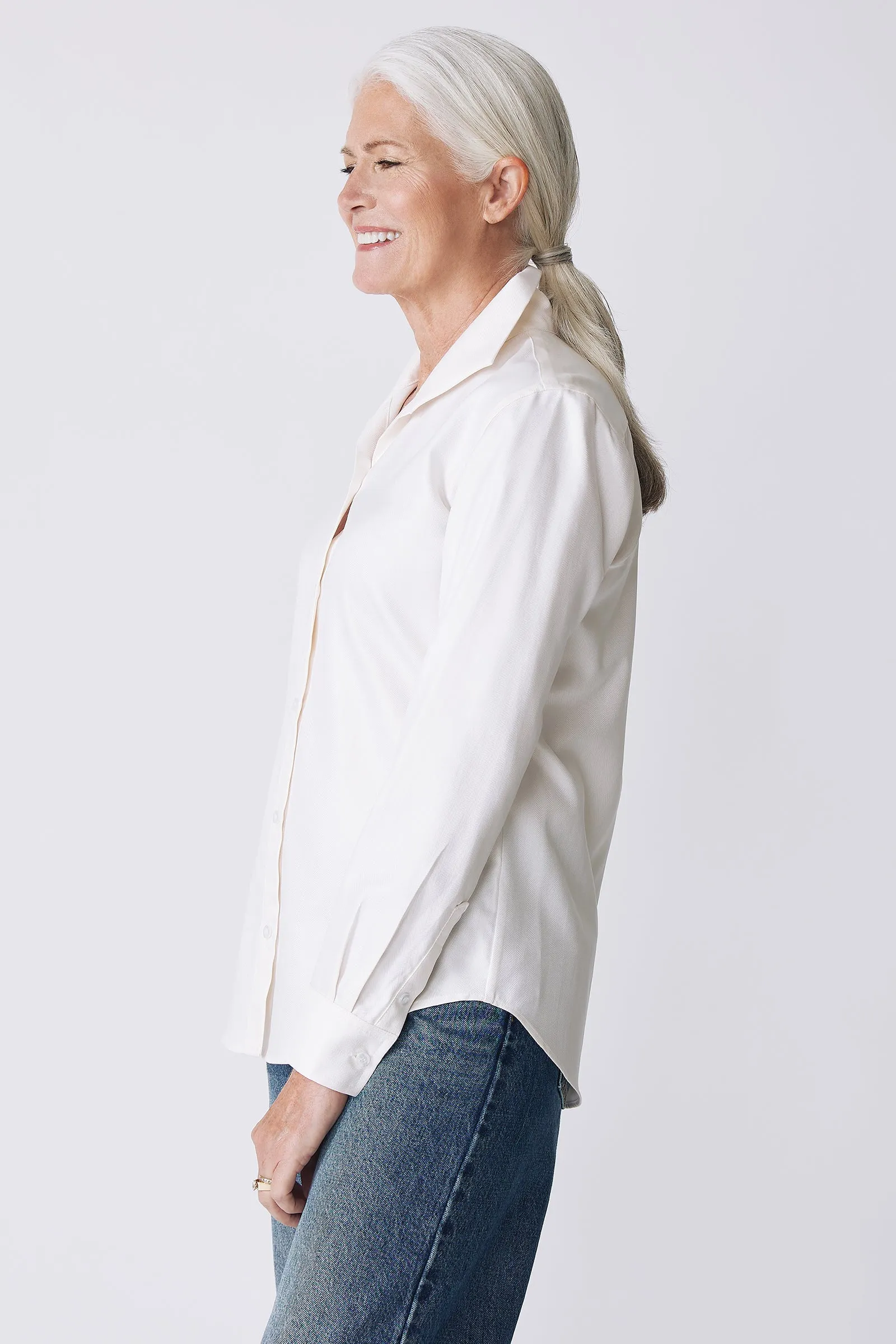 Ginna Box Pleat Shirt - Ivory Fine Herringbone