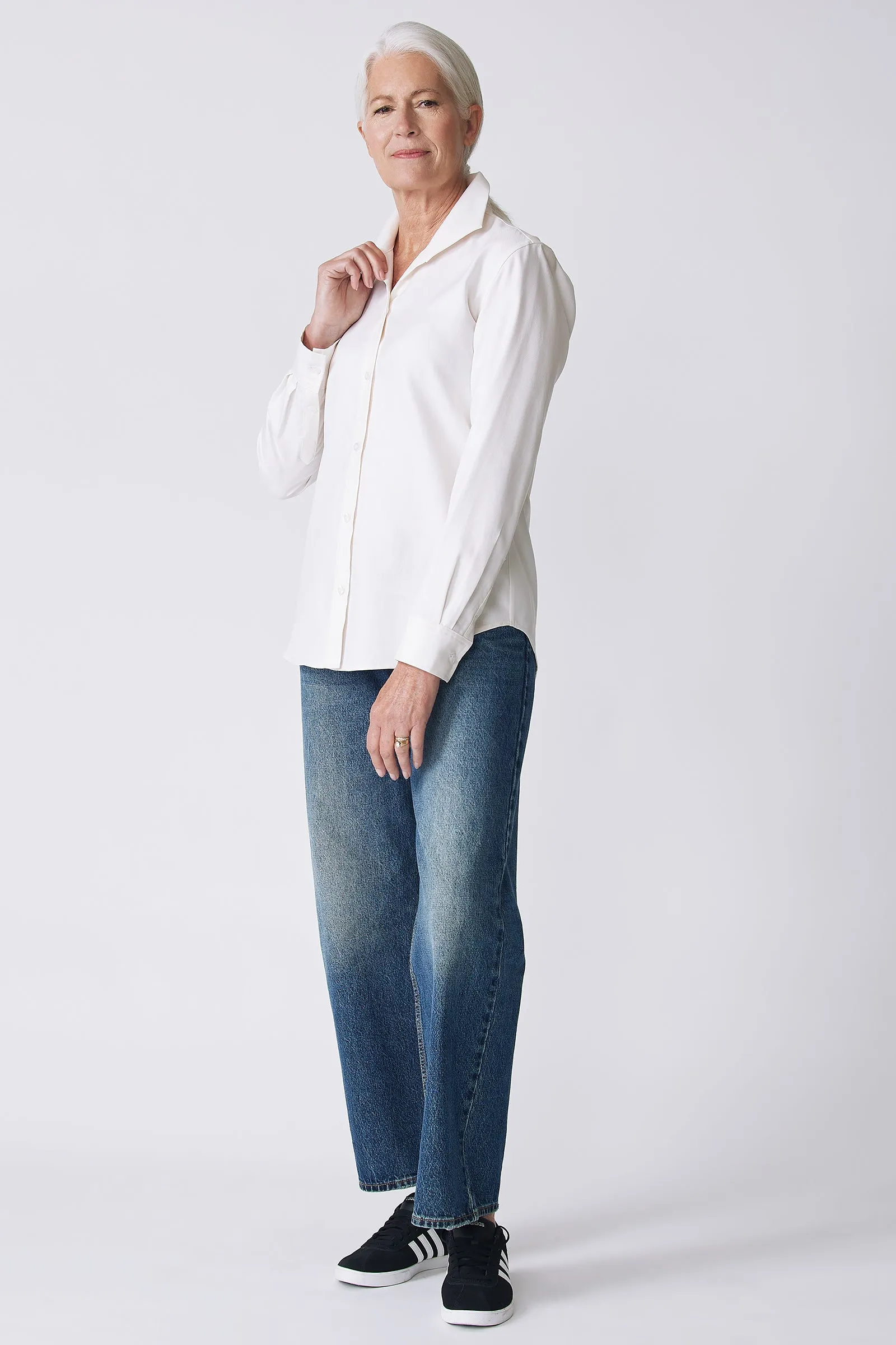 Ginna Box Pleat Shirt - Ivory Fine Herringbone