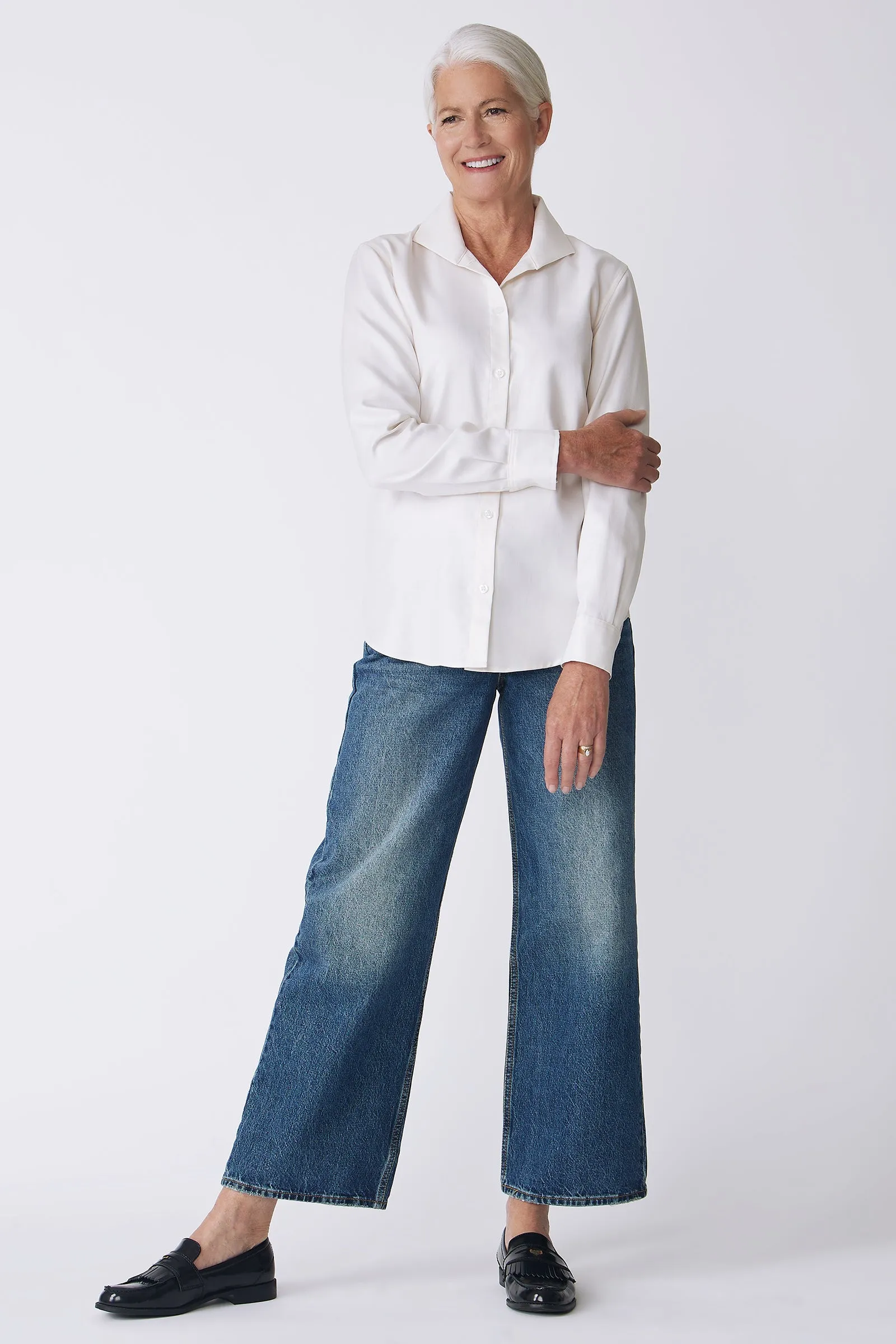 Ginna Box Pleat Shirt - Ivory Fine Herringbone