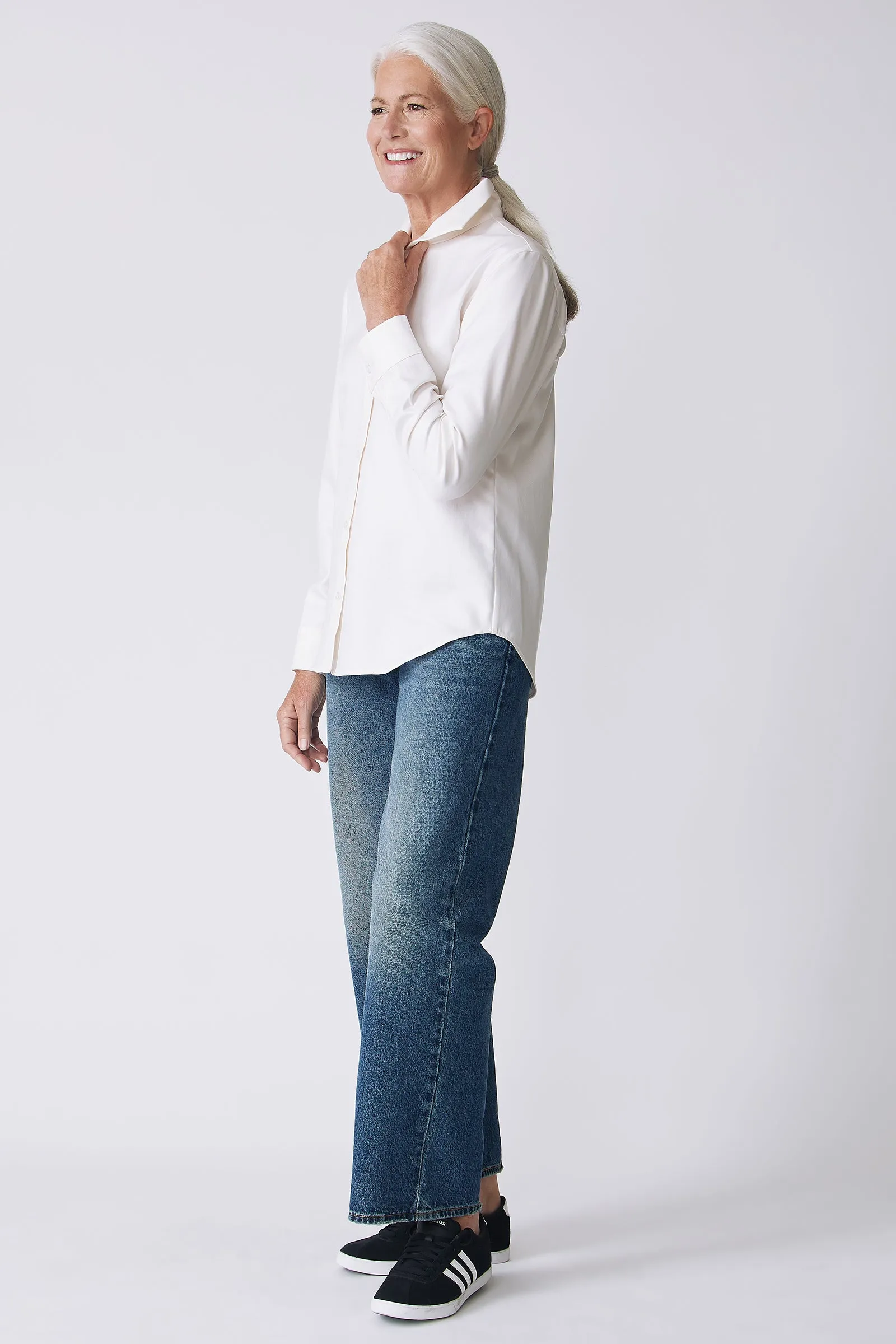 Ginna Box Pleat Shirt - Ivory Fine Herringbone