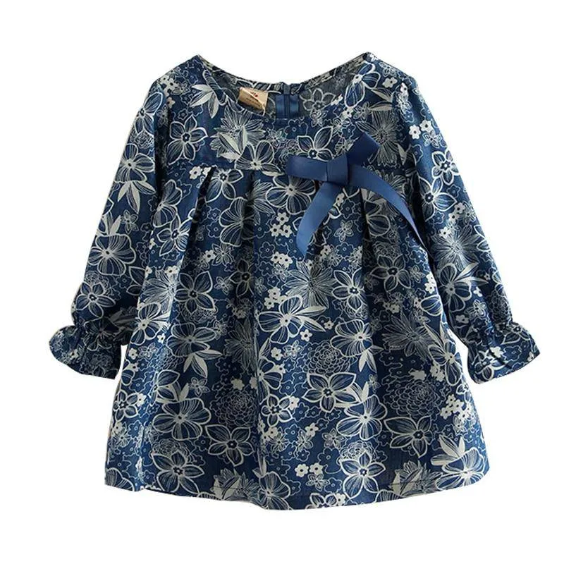 Girls Flower Print Denim Bow Long Sleeve Cute Blouse - Blue, Sky Blue