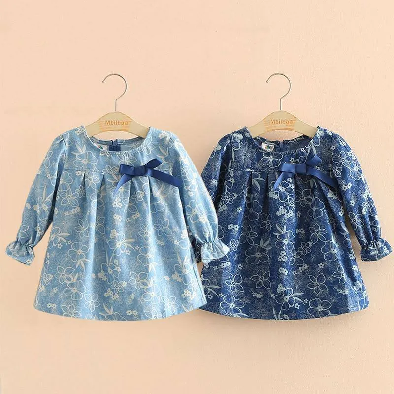 Girls Flower Print Denim Bow Long Sleeve Cute Blouse - Blue, Sky Blue