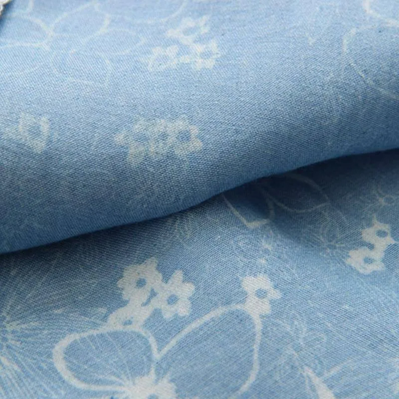 Girls Flower Print Denim Bow Long Sleeve Cute Blouse - Blue, Sky Blue