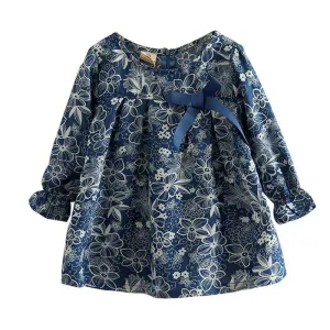 Girls Flower Print Denim Bow Long Sleeve Cute Blouse - Blue, Sky Blue