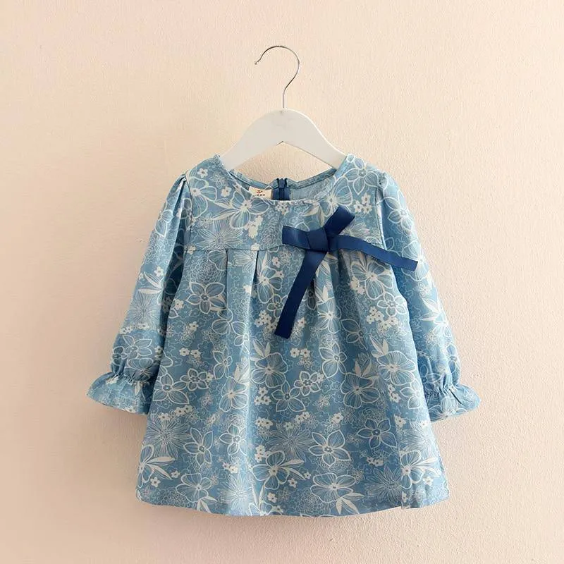 Girls Flower Print Denim Bow Long Sleeve Cute Blouse - Blue, Sky Blue