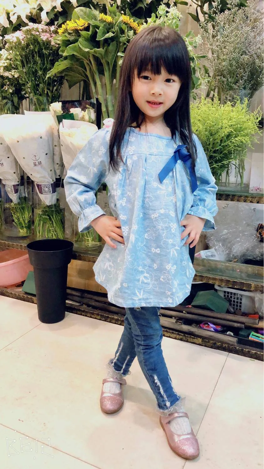 Girls Flower Print Denim Bow Long Sleeve Cute Blouse - Blue, Sky Blue