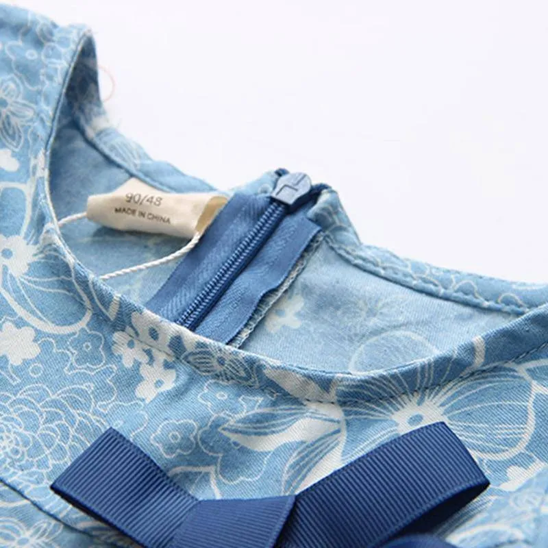 Girls Flower Print Denim Bow Long Sleeve Cute Blouse - Blue, Sky Blue