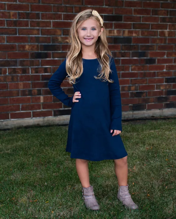 Girls Soft Cotton Long Sleeve Baby Rib Dress | Bright Light Blue
