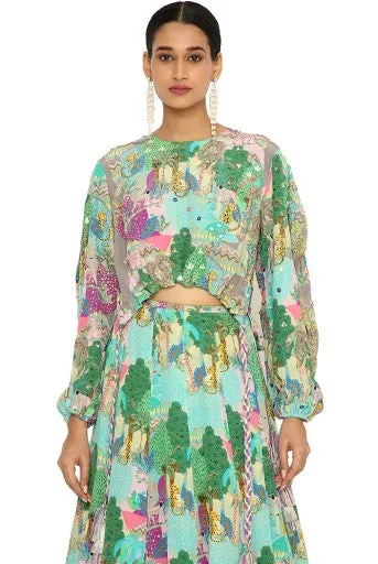 GISELLE GREY COLOUR KUNO PRINT EMBROIDERED DRAWSTRING TOP WITH LEHENGA