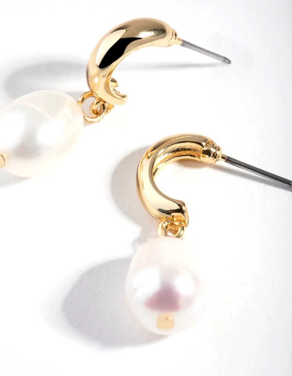 Gold Freshwater Pearl Drop Huggie Earrings