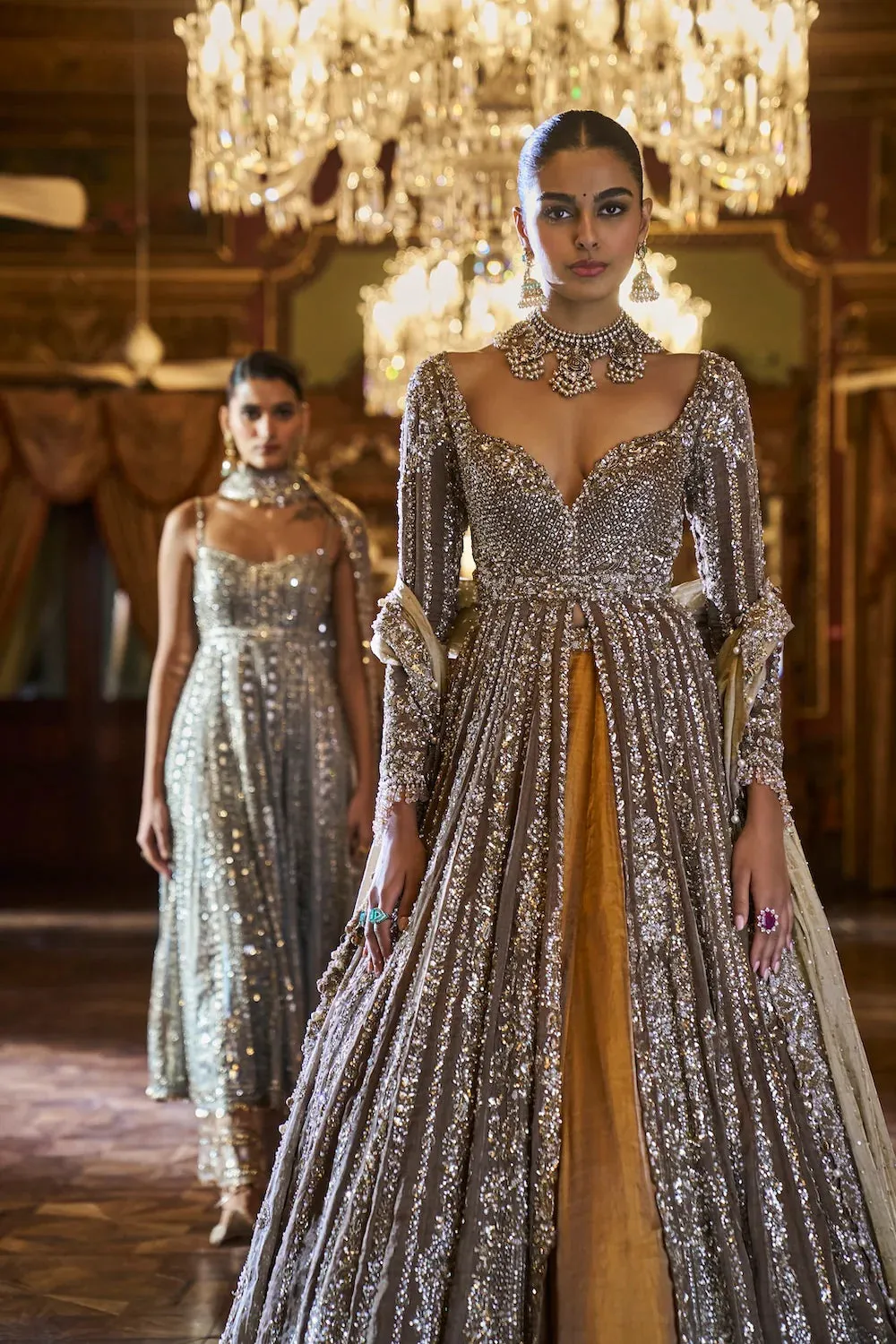 Gold Silver tissue Jacket Lehenga Set