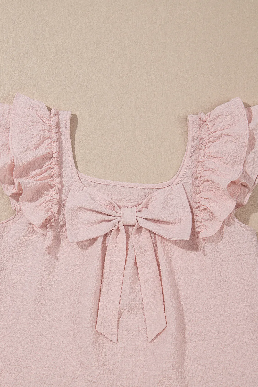 Gossamer Pink Textured Bow Knot Frilled Butterfly Sleeve Blouse