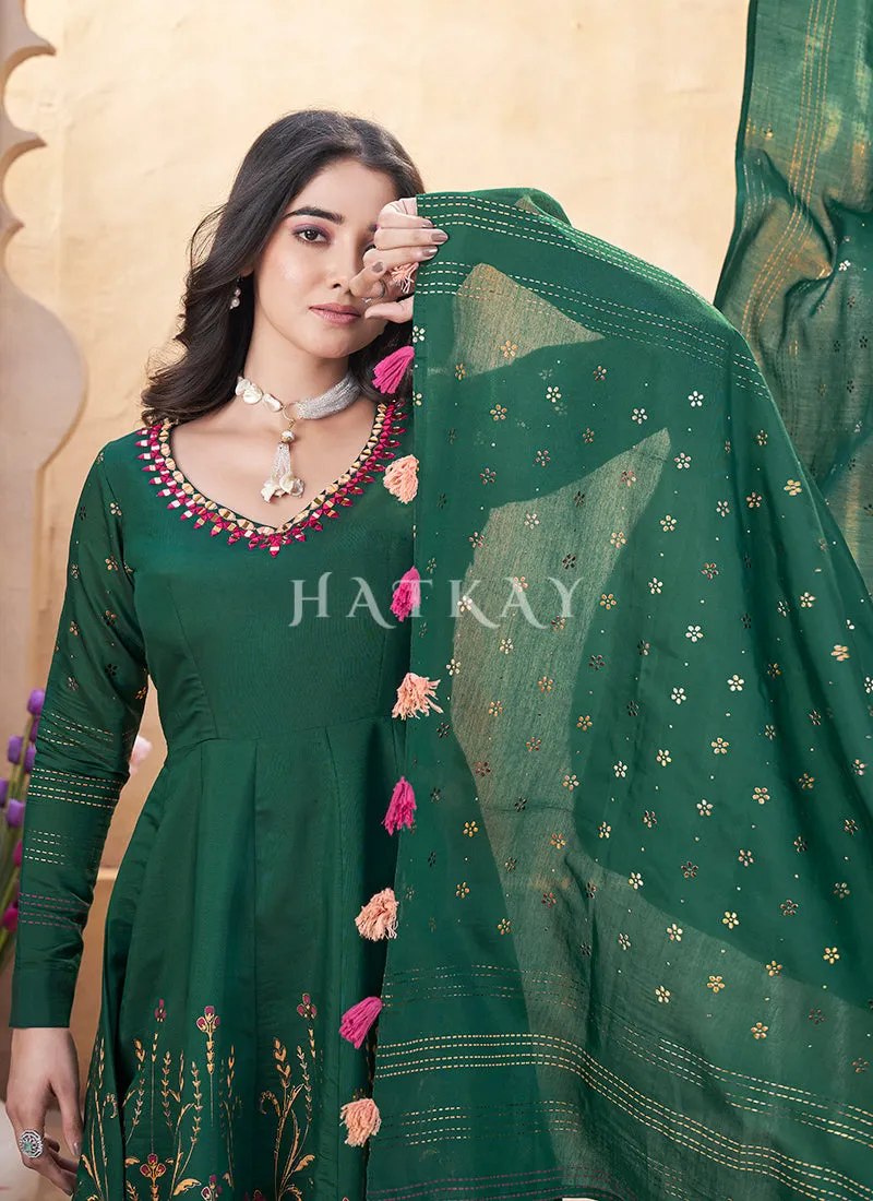 Green Mirror Work Anarkali Palazzo Suit