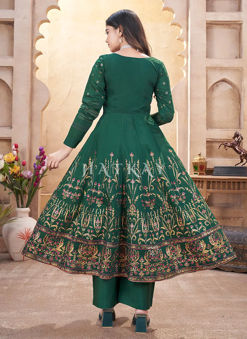 Green Mirror Work Anarkali Palazzo Suit