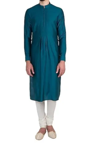 Green Pleated Mandarin Collar Kurta Set