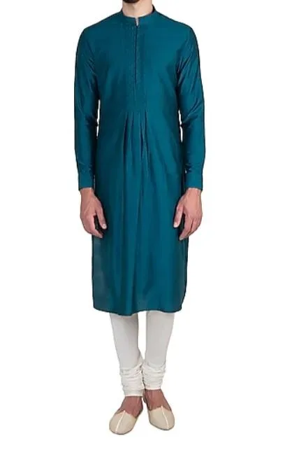 Green Pleated Mandarin Collar Kurta Set