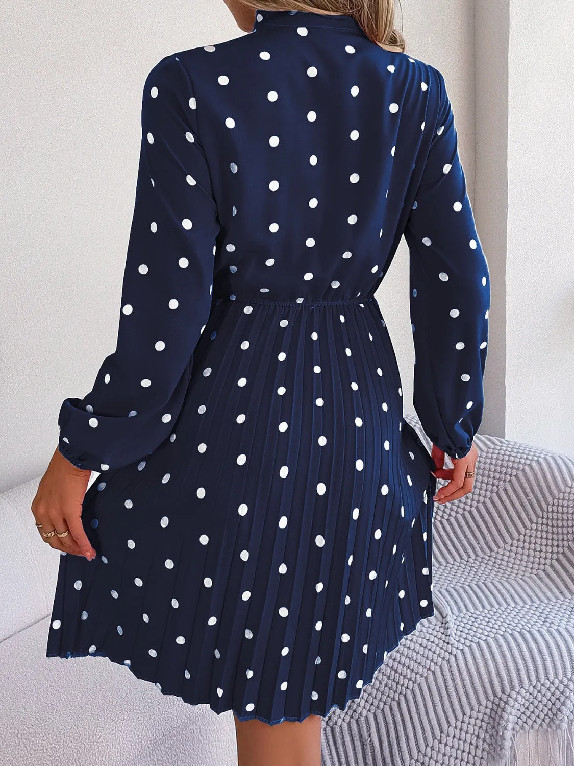 Henley Polka Dot Tie Neck Pleated Dress