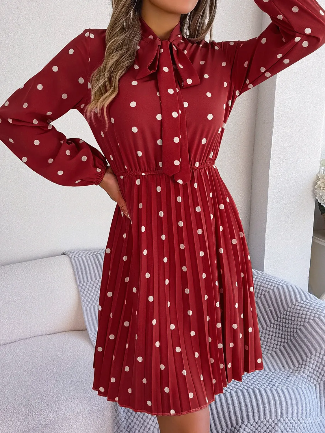 Henley Polka Dot Tie Neck Pleated Dress