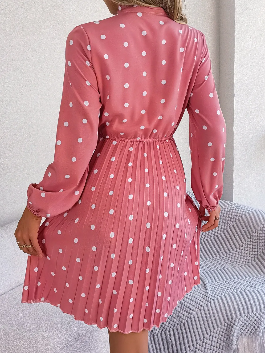 Henley Polka Dot Tie Neck Pleated Dress