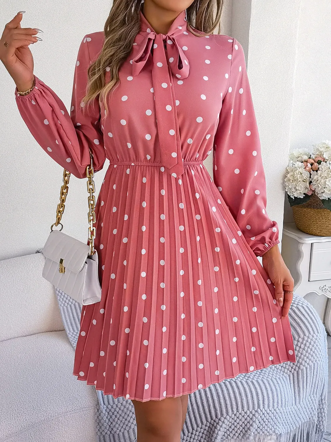 Henley Polka Dot Tie Neck Pleated Dress