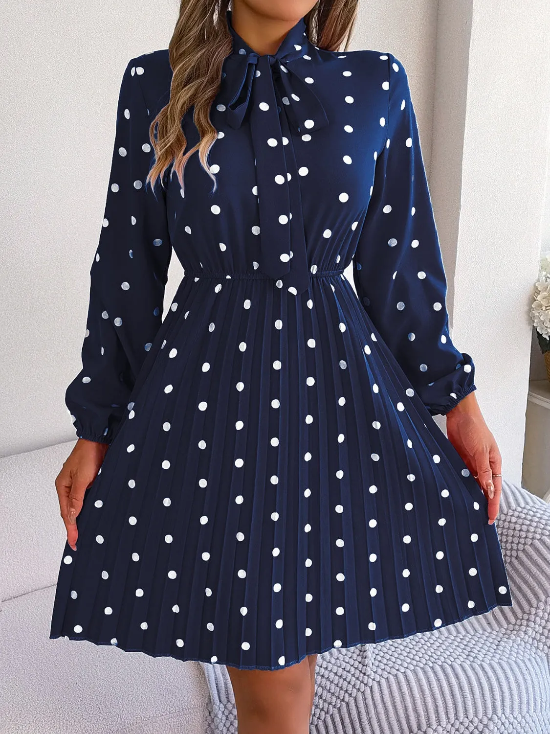 Henley Polka Dot Tie Neck Pleated Dress