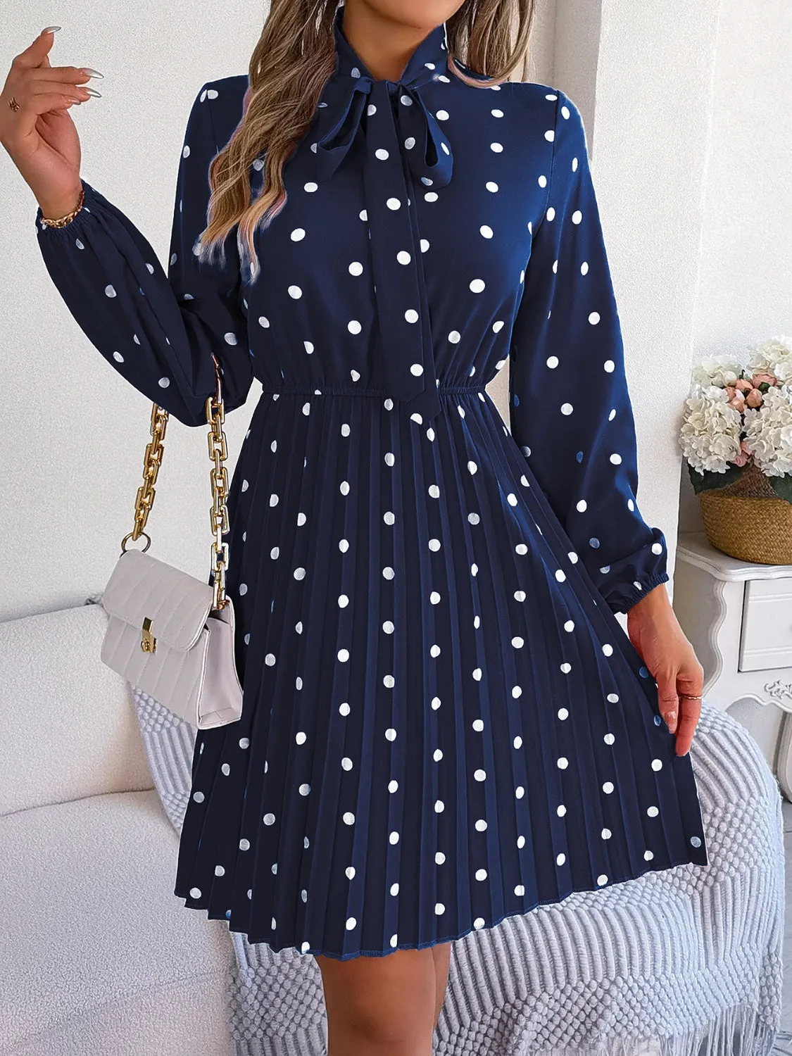 Henley Polka Dot Tie Neck Pleated Dress