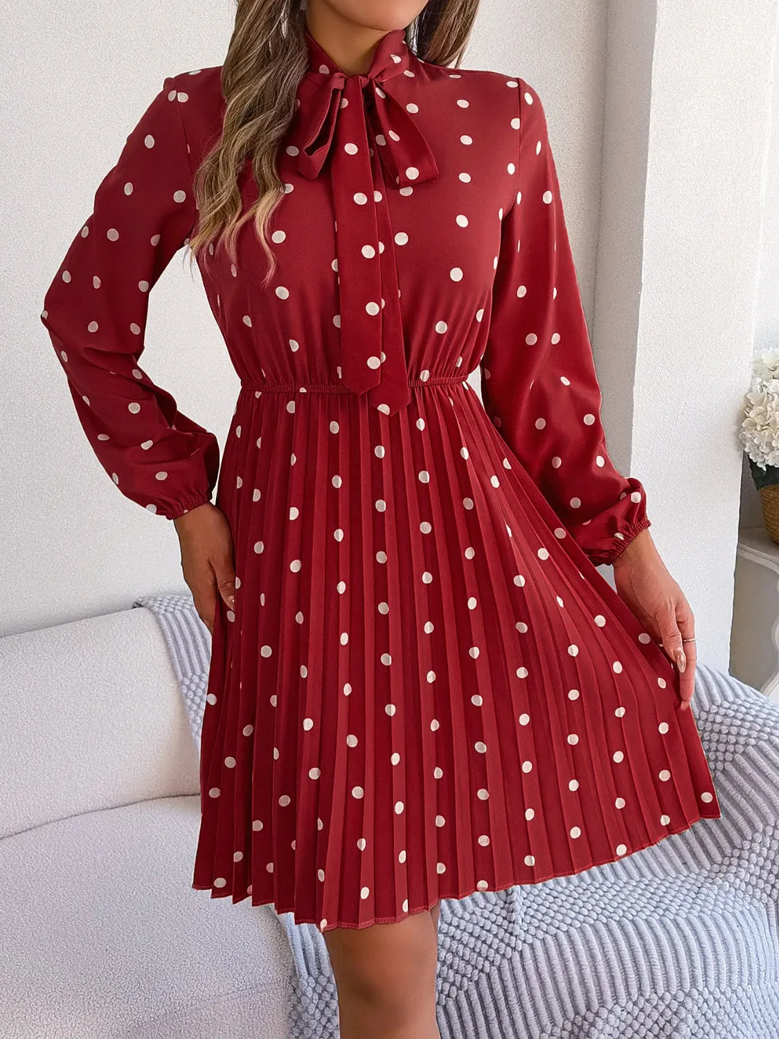 Henley Polka Dot Tie Neck Pleated Dress