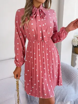 Henley Polka Dot Tie Neck Pleated Dress