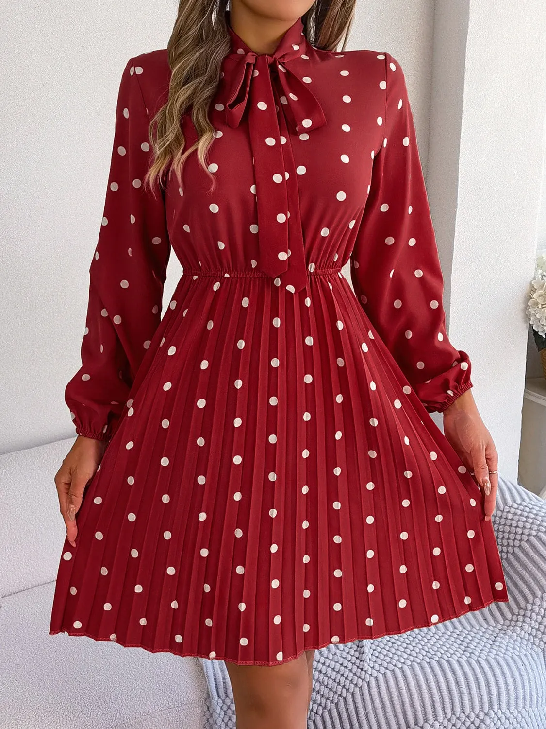Henley Polka Dot Tie Neck Pleated Dress