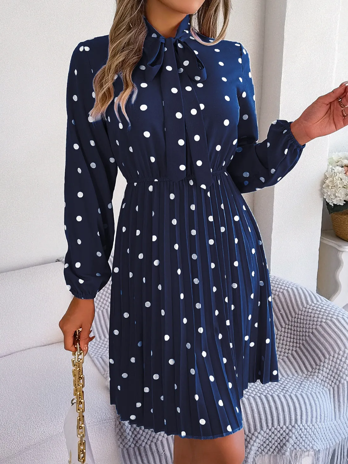 Henley Polka Dot Tie Neck Pleated Dress