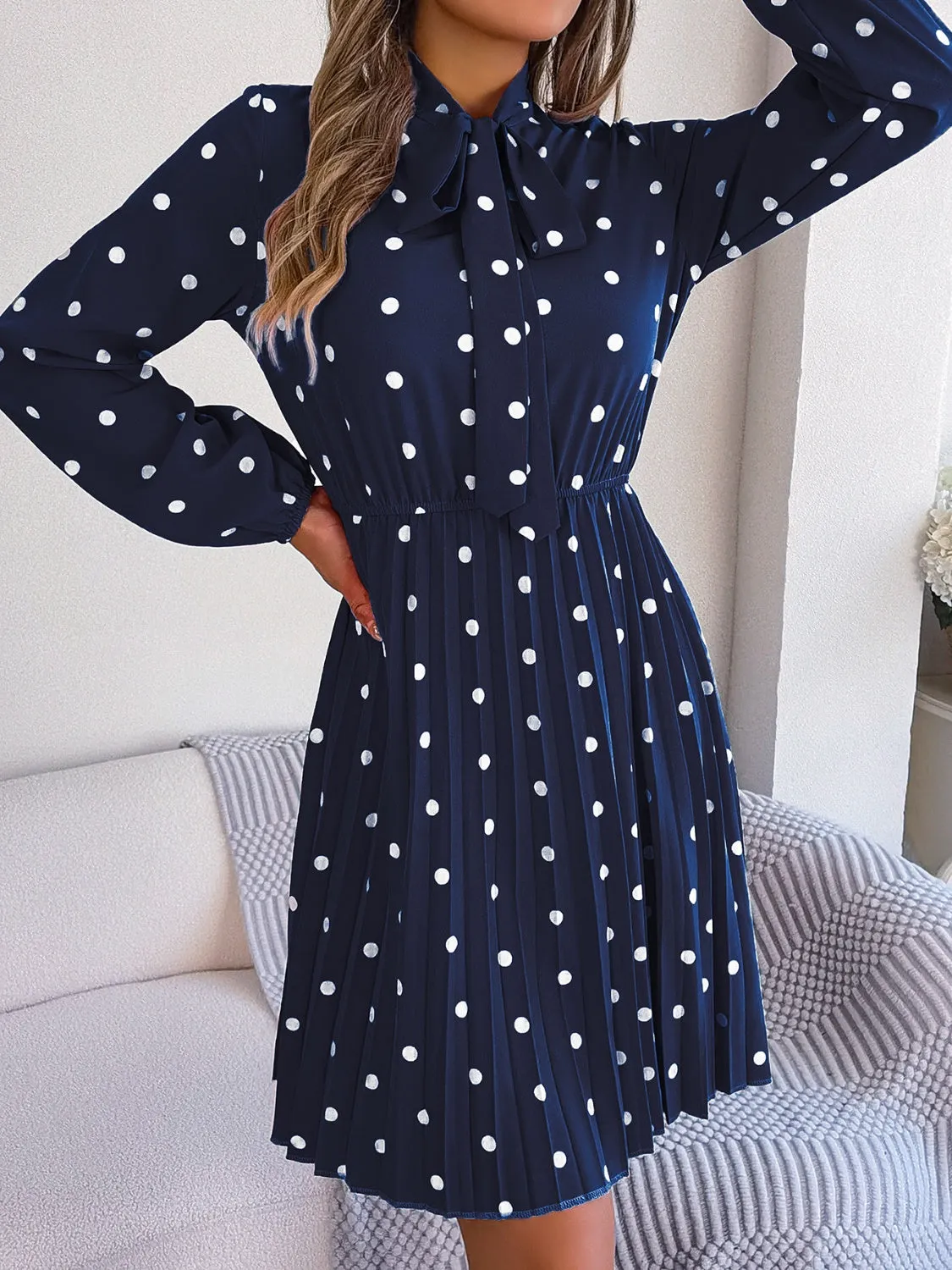 Henley Polka Dot Tie Neck Pleated Dress