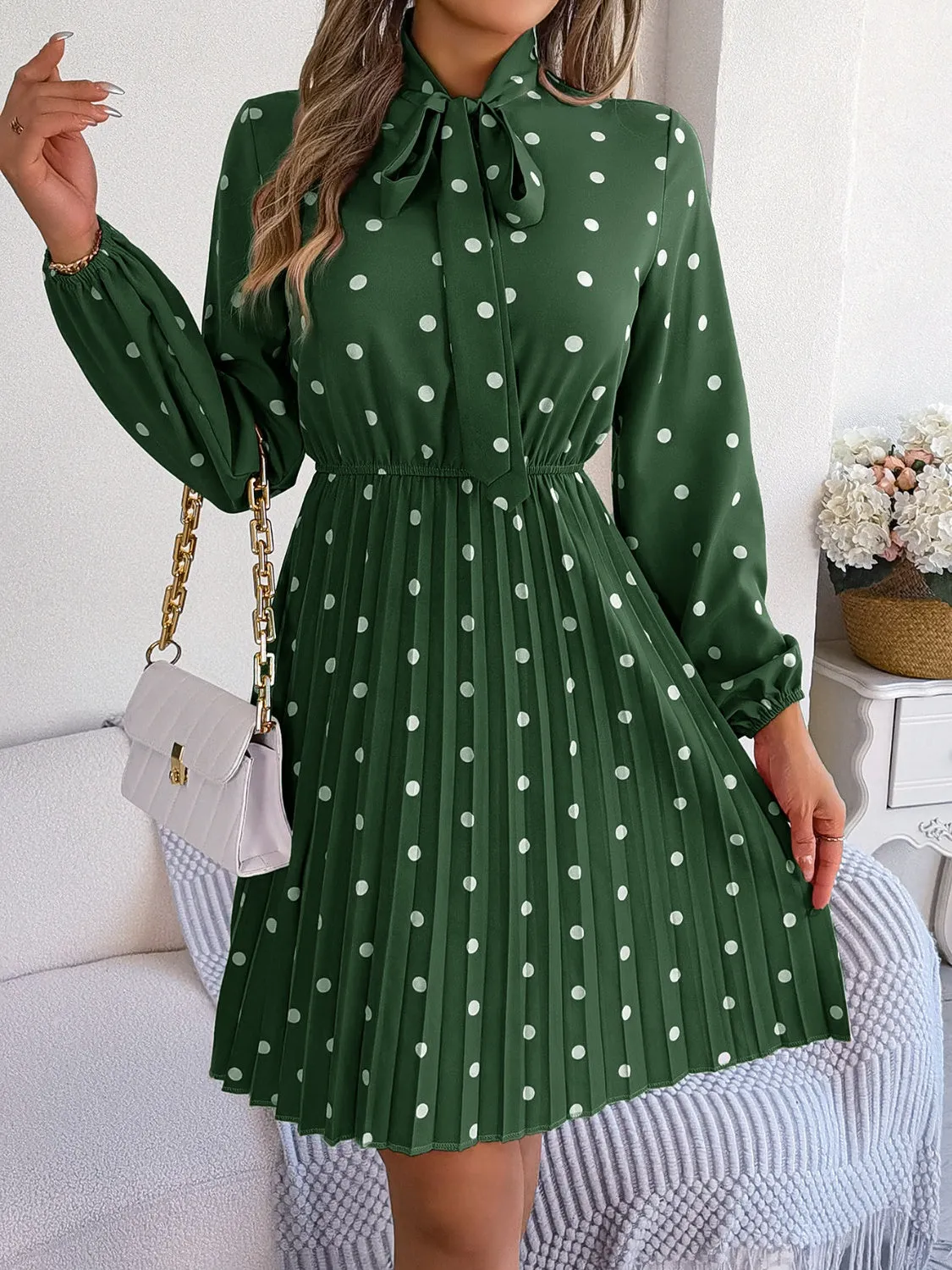 Henley Polka Dot Tie Neck Pleated Dress
