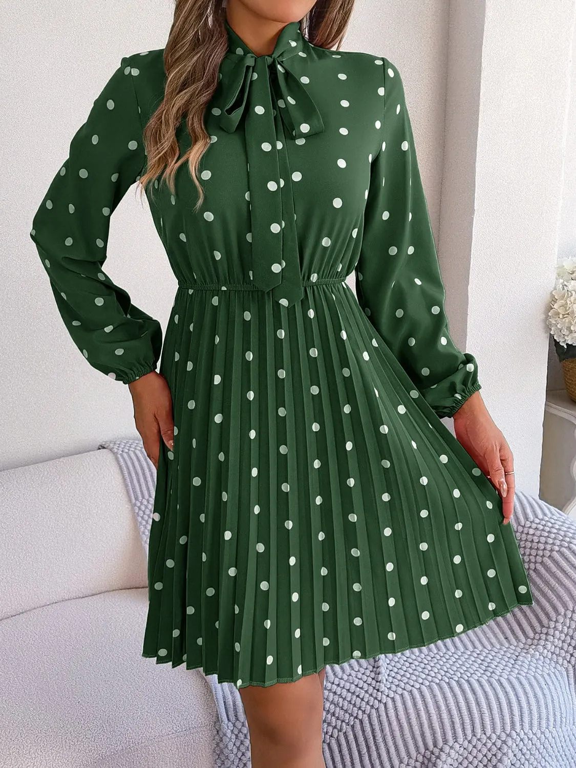 Henley Polka Dot Tie Neck Pleated Dress